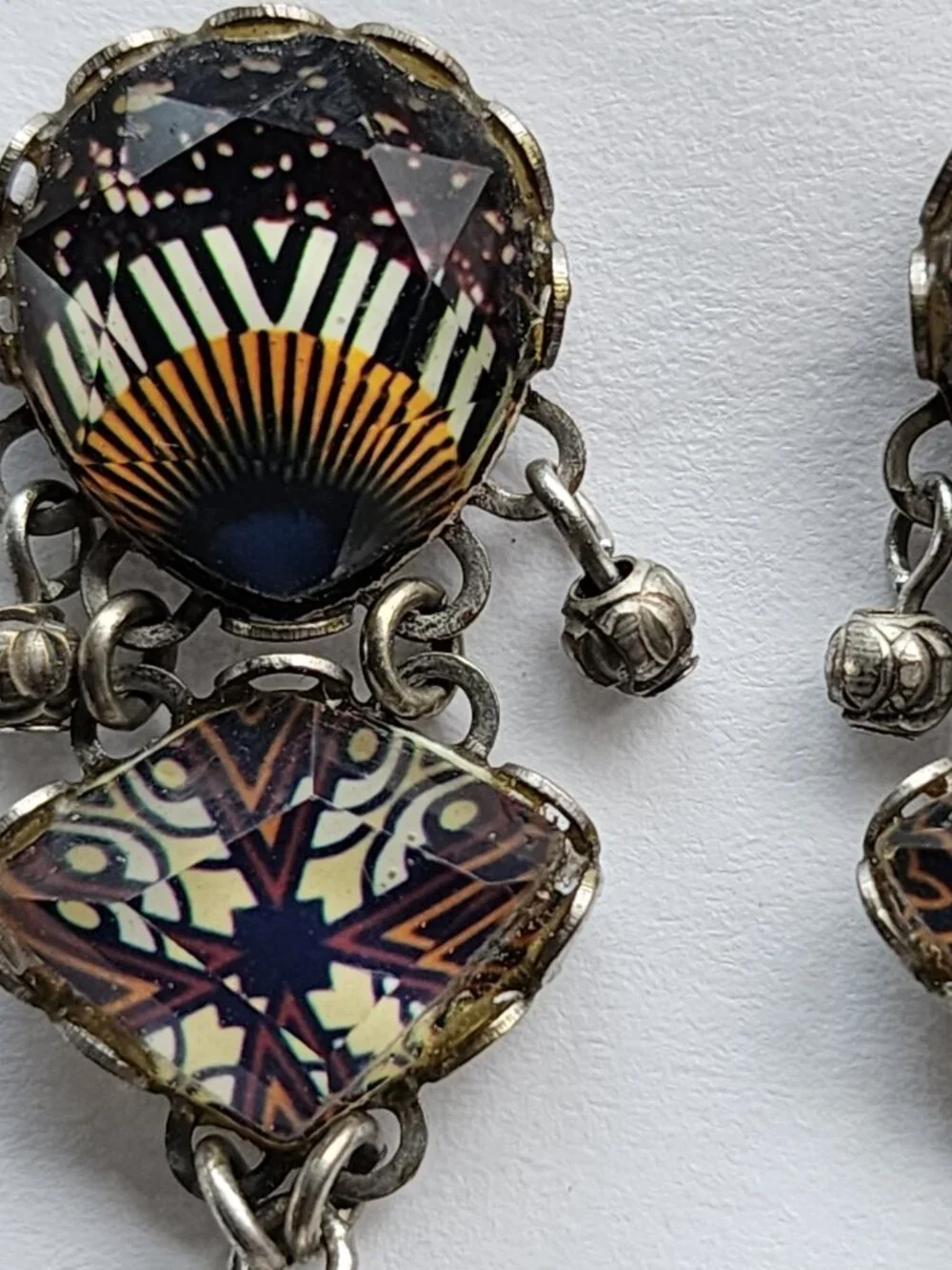 OOAK Ayala Bar Handcrafted, Fabric Inlay, Faceted Lucite & Metal Bead Earrings!! - Picture 8 of 16